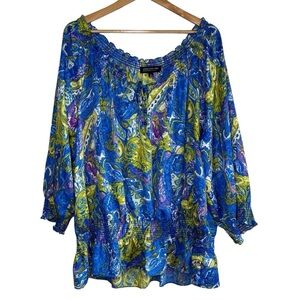JNY Jones New York Women's Popover Blouse Top 2X Blue Floral Paisley 3/4 Sleeve